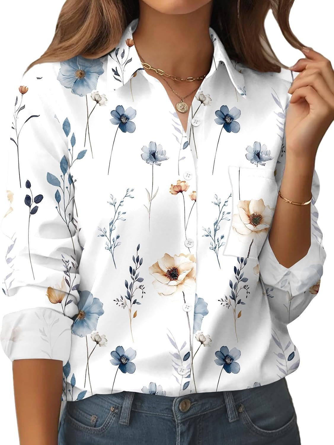 Zeagoo Womens Floral Button Down Shirt Long Sleeve Work Blouse with Pocket | Business Work Tops, Dressy Casual Shirts, Floral Blouse, Vacation Wear, Solid Color Outfits