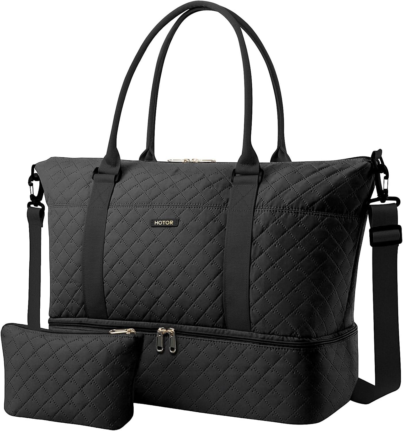 HOTOR Travel Duffel Bag – Weekender Bags for Women, Gym Tote Bags with Shoe Compartment, Carry On Overnight Bag with Toiletry Bag for Travel Essentials and Travel Accessories, Black, 13.4″×17.3″×7.9″