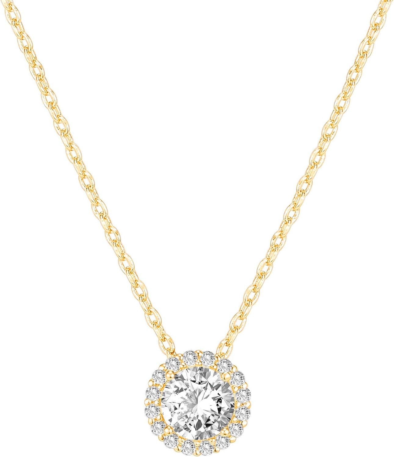 PAVOI 14K Gold Plated Post Faux Diamond Round Solitaire Pendant Halo Necklace | Gold Necklace for Women | Slider Adjustable