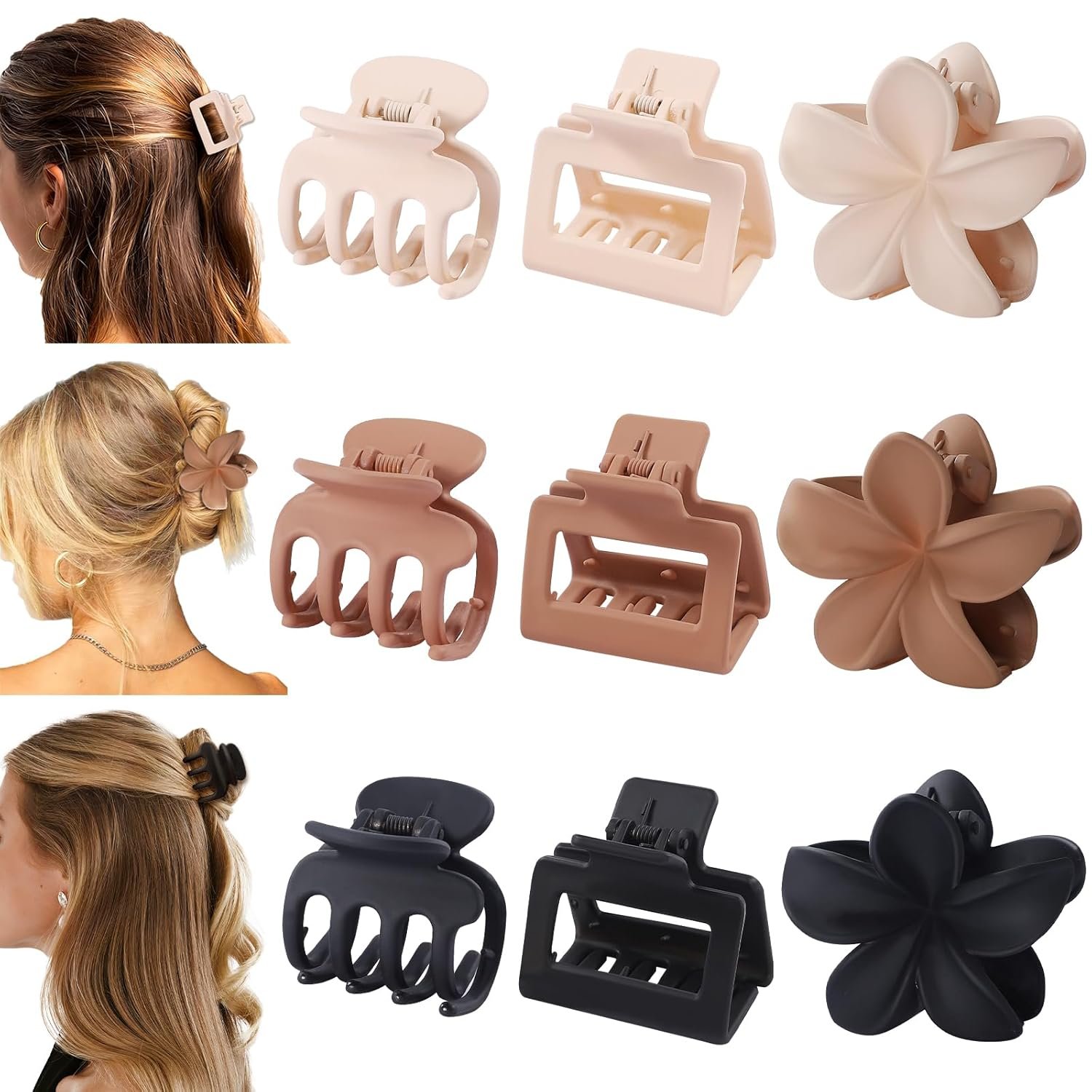 Flower Hair Claw Clips for Women, 9 Pack, 3 Styles, Brown | Medium and small sizes, flower, square and classic styles for thin or thick hair, ideal for everyday styling and vacations