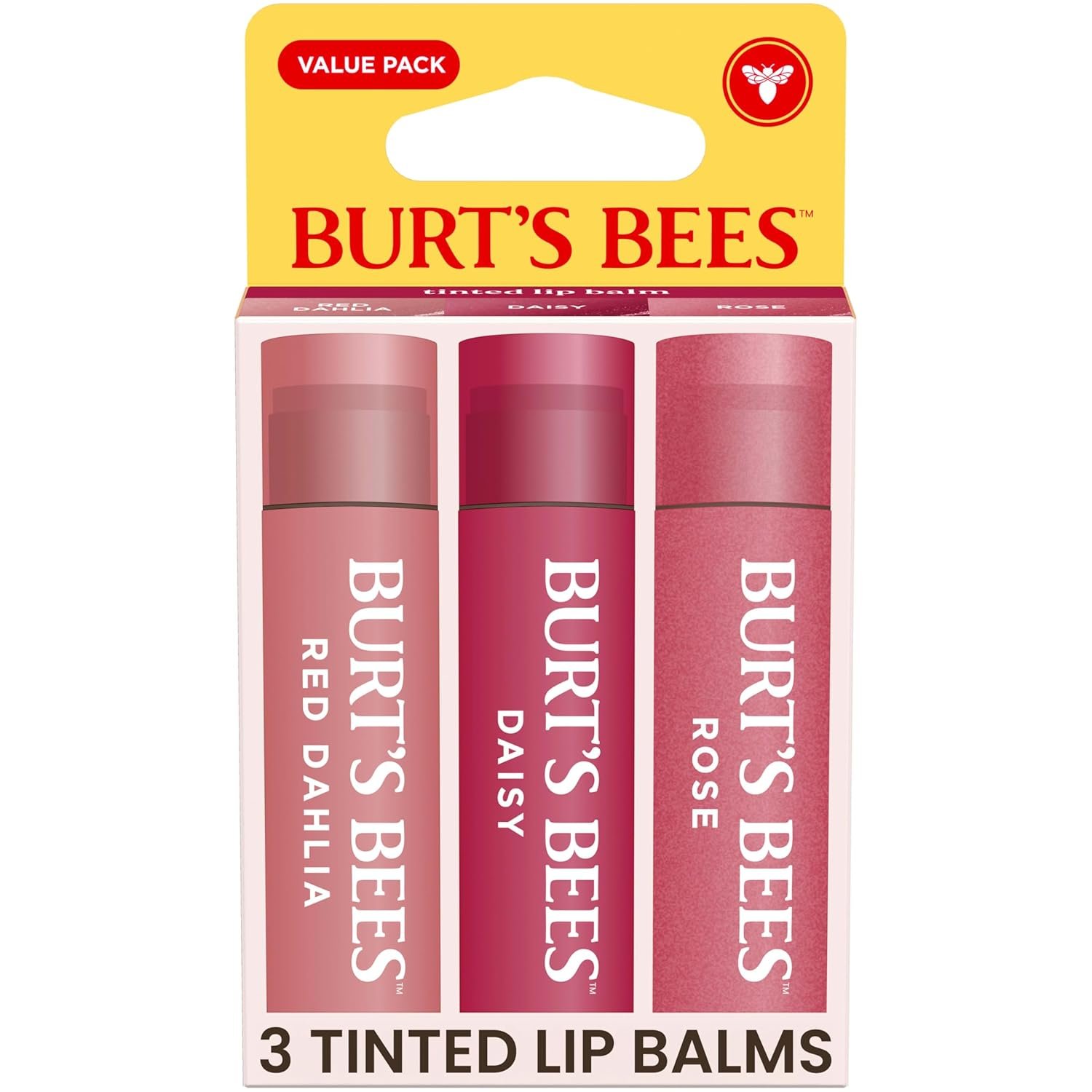 Burts Bees Tinted Lip Balm Value Pack, Includes Red Dahlia, Daisy and Rose, 8 Hour Moisture, Provides a Hint of Color, Nourishing Shea Butter, 100 Percent Natural Origin, 0.15 oz., Three Tubes
