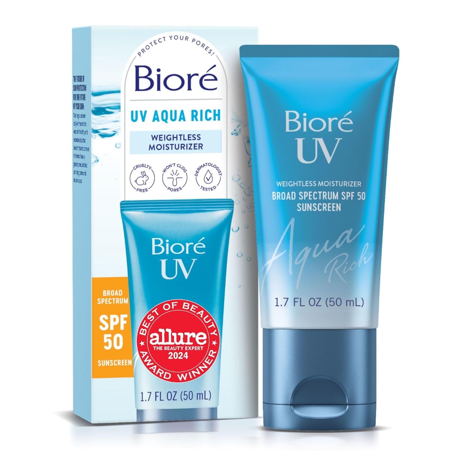 Biore UV Aqua Rich Moisturizer SPF 50 Facial Sunscreen, 1.7 fl oz | Oil-Free Daily Face Sunscreen, Hyaluronic Acid, Lightweight, Non-Comedogenic, Dermatologist Tested, Sensitive Skin