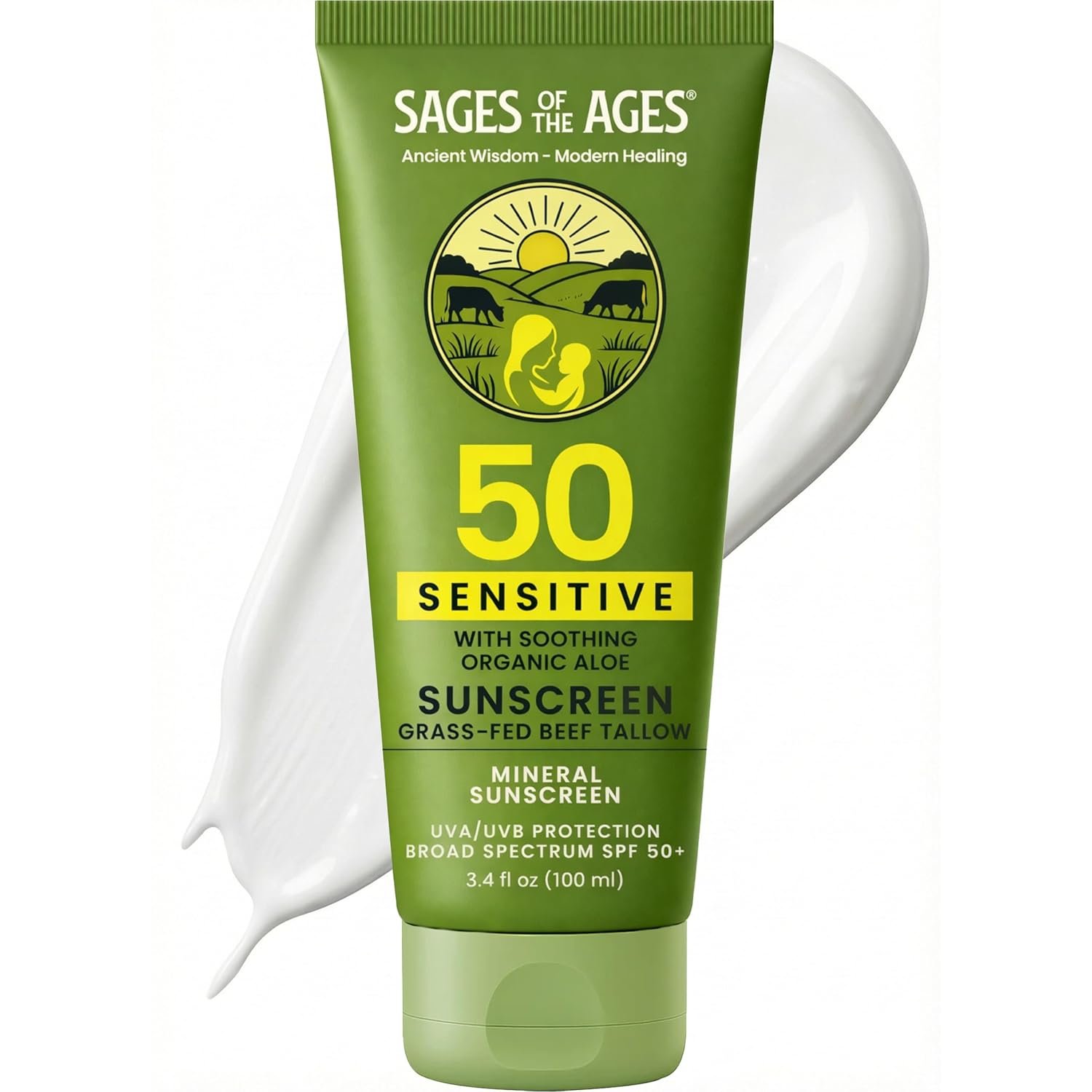 Grass-Fed Tallow Mineral Sunscreen SPF 50 — No White Cast, Non-Nano Zinc Oxide, Reef Safe UVA/UVB, Water Resistant 80 Min, Moisturizing & Soothing with Aloe Vera, Face & Body