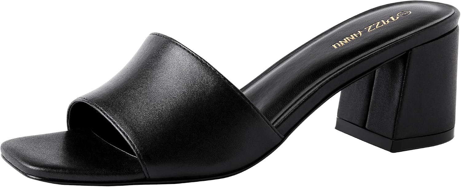PIZZ ANNU Women’s Square Open Toe Heels Sandals Low Block Chunky Heeled Sandal Slip on Mules Comfortable Casual Dress Pumps Shoes