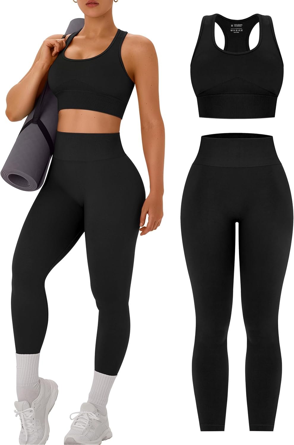 Womens Workout Sets 2 Piece – Acid Wash Seamless Yoga Outfits High Waist Leggings Padded Racerback Sports Bra Gym Set