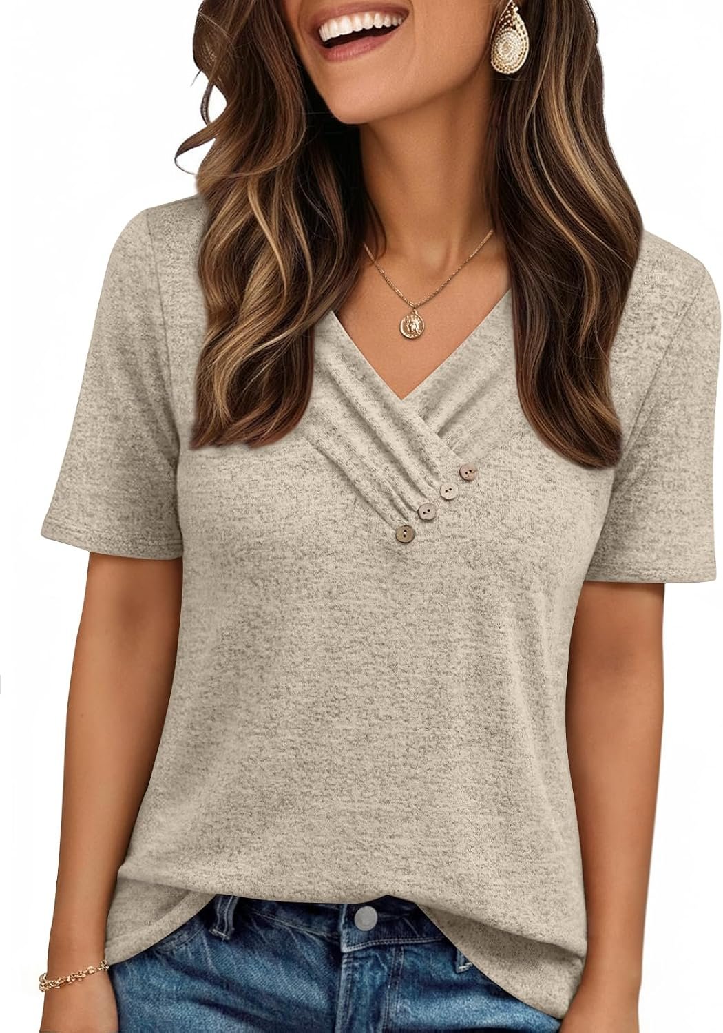 AUTOMET Womens Short Sleeve Tunics Summer Tops V Neck Button Shirts 2026 | Summer Outfits,Business Casual Tops,Dressy Blouses,Ladies Work Tops,Soft Fabric