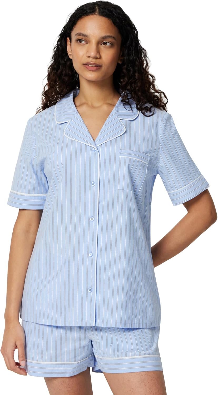 Amazon Essentials Women’s Cotton Stretch Poplin Pajama Set, Short Sleeve Button-Down with Shorts