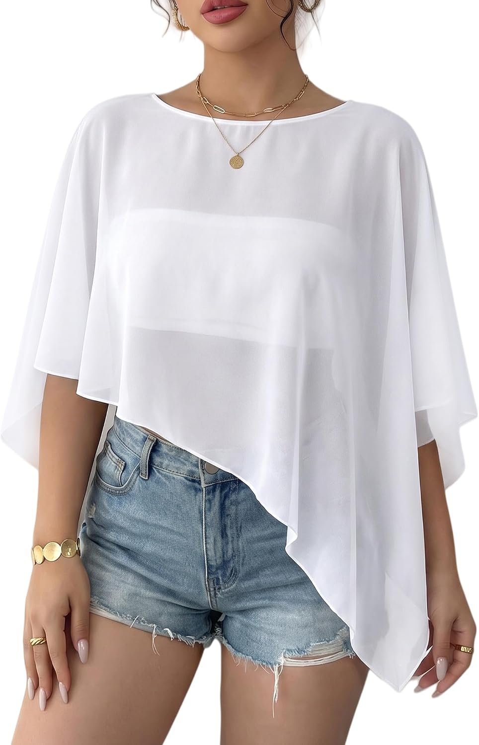 Avidlove Women Chiffon Capelet Batwing Sleeve Wedding Shawl Sheer Cover Up | Versatile batwing sleeve chiffon capelet, asymmetric hem, perfect for weddings, formal events, or casual sheer cover-ups