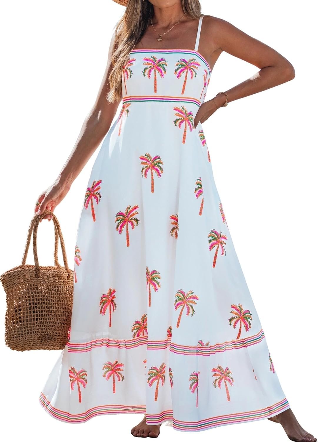 popvil Women Summer Maxi Dress 2026 Spaghetti Strap Long Beach Dress | Flowy Sundress, Adjustable Straps, Smocked Back, Side Pockets, Resort Wear for Vacation, Garden Party, Cruise