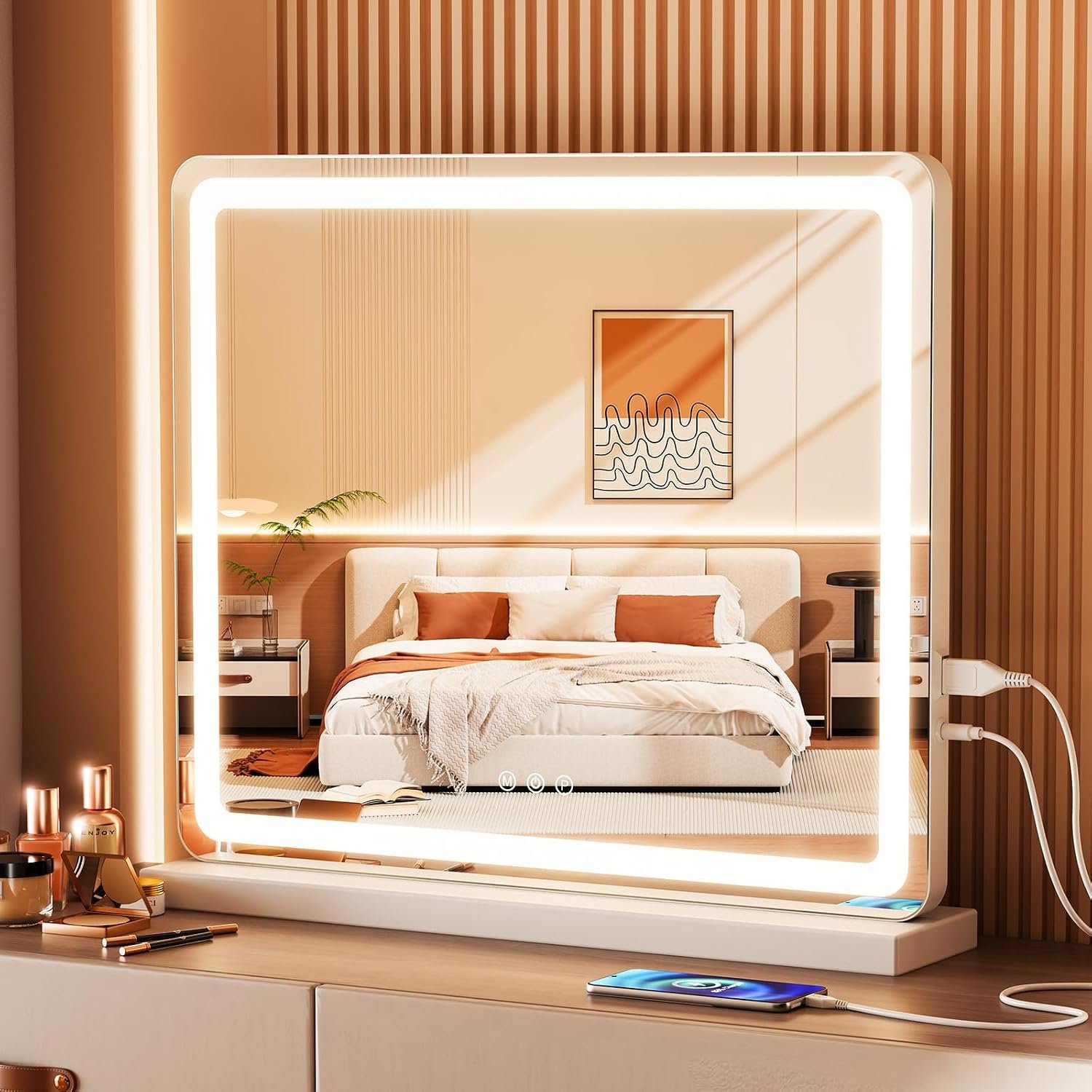 Sweetcrispy 19″x22″ LED Vanity Mirror with Lights, Dimmable 3 Color Modes Makeup Mirror with Memory Function, USB Charging, Aluminum Frame, Lighted Mirrors for Desk, Bedroom, Living Room