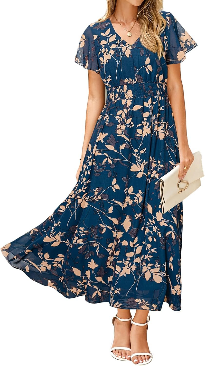 Simplee Womens Floral Maxi Dress – Short Sleeve Summer Boho Wedding Guest Dress Empire Waist Chiffon Modest Midi Dresses