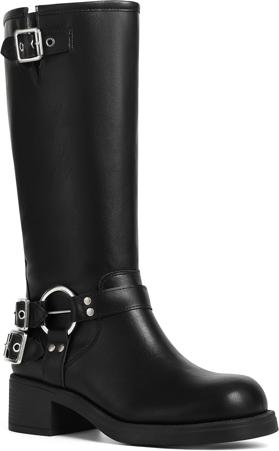 AMINUGAL Knee High Boots Women Moto Biker Buckle Tall Boots | Square Toe Pull On Riding Long Boots Chunky Low Heel Casual Vintage Rivet Club Trendy Motorcycle Festival Spring Summer Fall