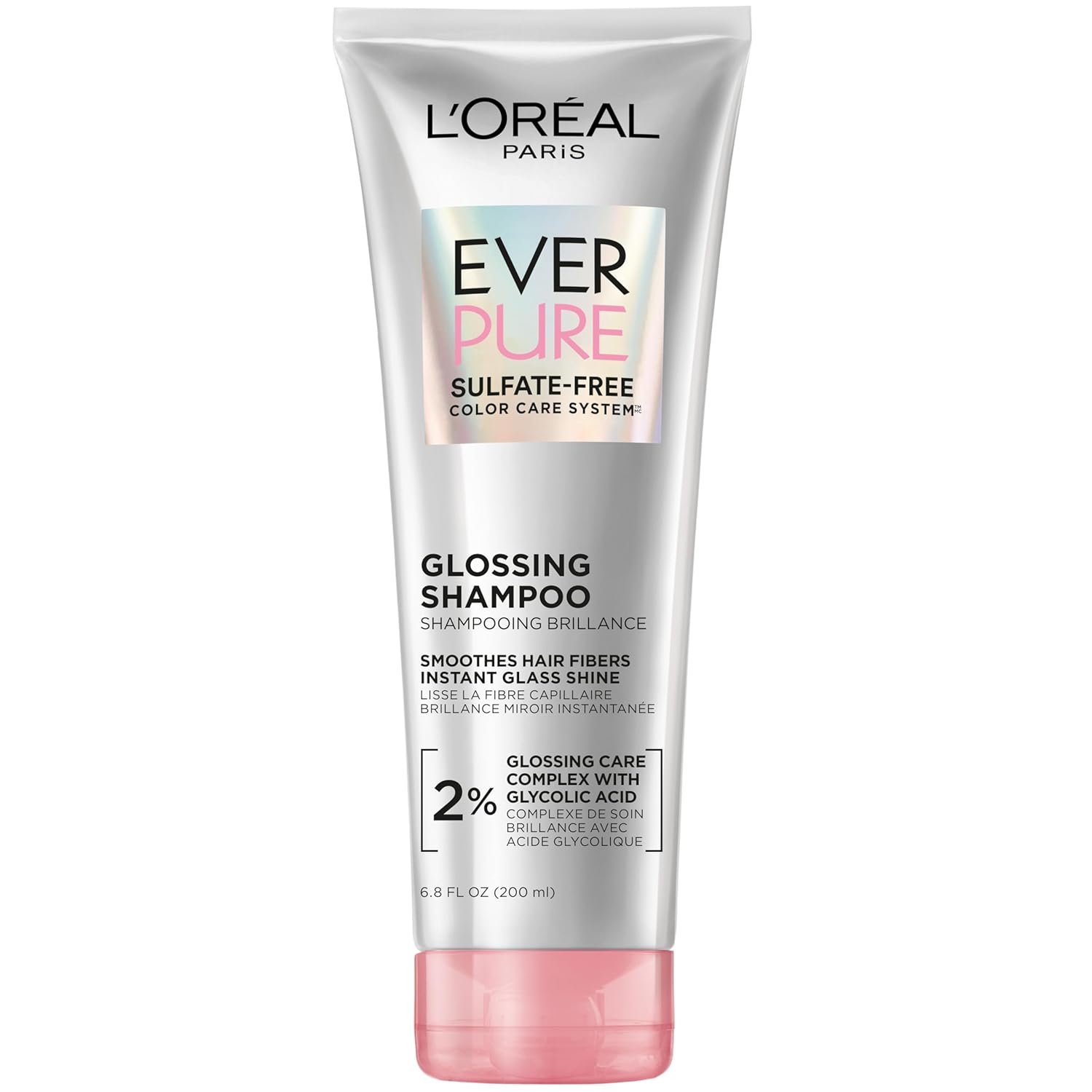 L’Oreal Paris Sulfate Free Glossing Shampoo with Glycolic Acid, Provides Intense Glass Hair Shine, Smoothness & Soft Feel, Suitable for Dull, Dry, and Color-Treated Hair, EverPure, 6.8 Fl Oz