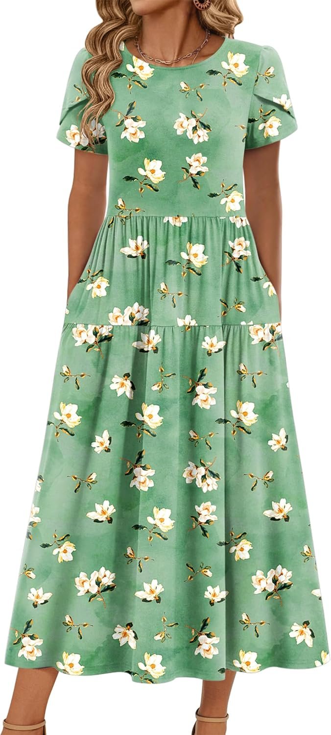 Zeagoo Summer Dresses for Women 2026 Maxi Bohemian Short Sleeve Long Dress | Bohemian Round Neck Petal Sleeve Dress, A Line Flowy Tiered Maxi Casual Dress with Two Pockets, Summer Beach Outfits