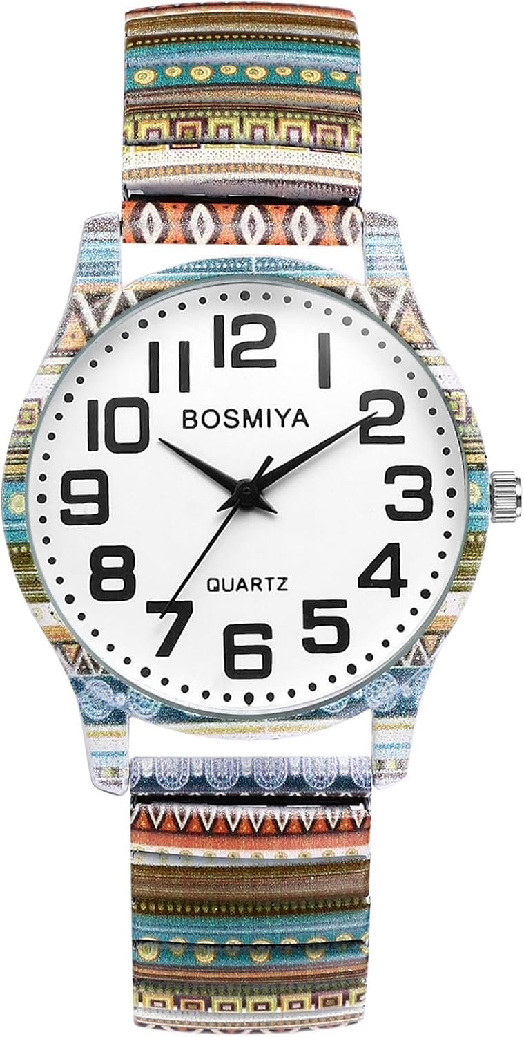 OIDEA Stretch Band Watches for Women: Bohemia Easy Reader Elastic Watch Large Face Big Number Analog Quartz Bracelet Watch Expansion Band Wristwatch