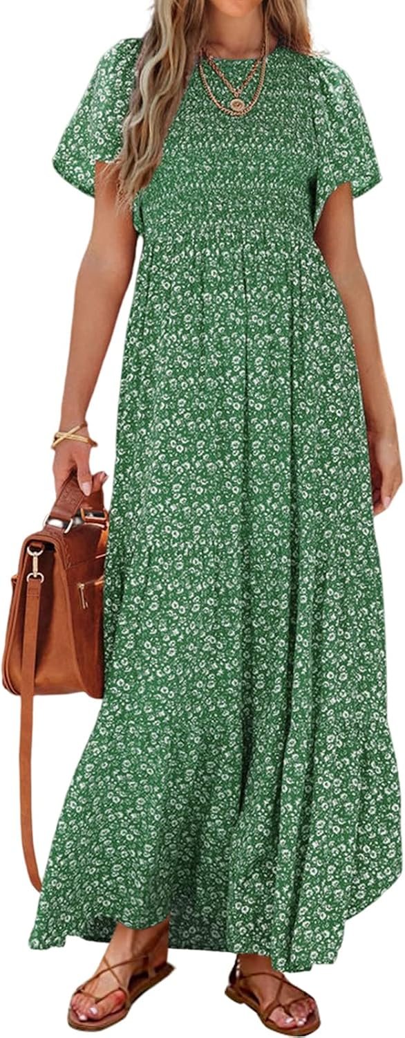 PRETTYGARDEN Women’s 2026 Summer Casual Flutter Sleeve Floral Maxi Dress | Crew Neck Short Sleeve Dress, Smocked Top High Waisted Wedding Guest Dresses for Women, Tiered Hem Flowy Boho Long Dresses