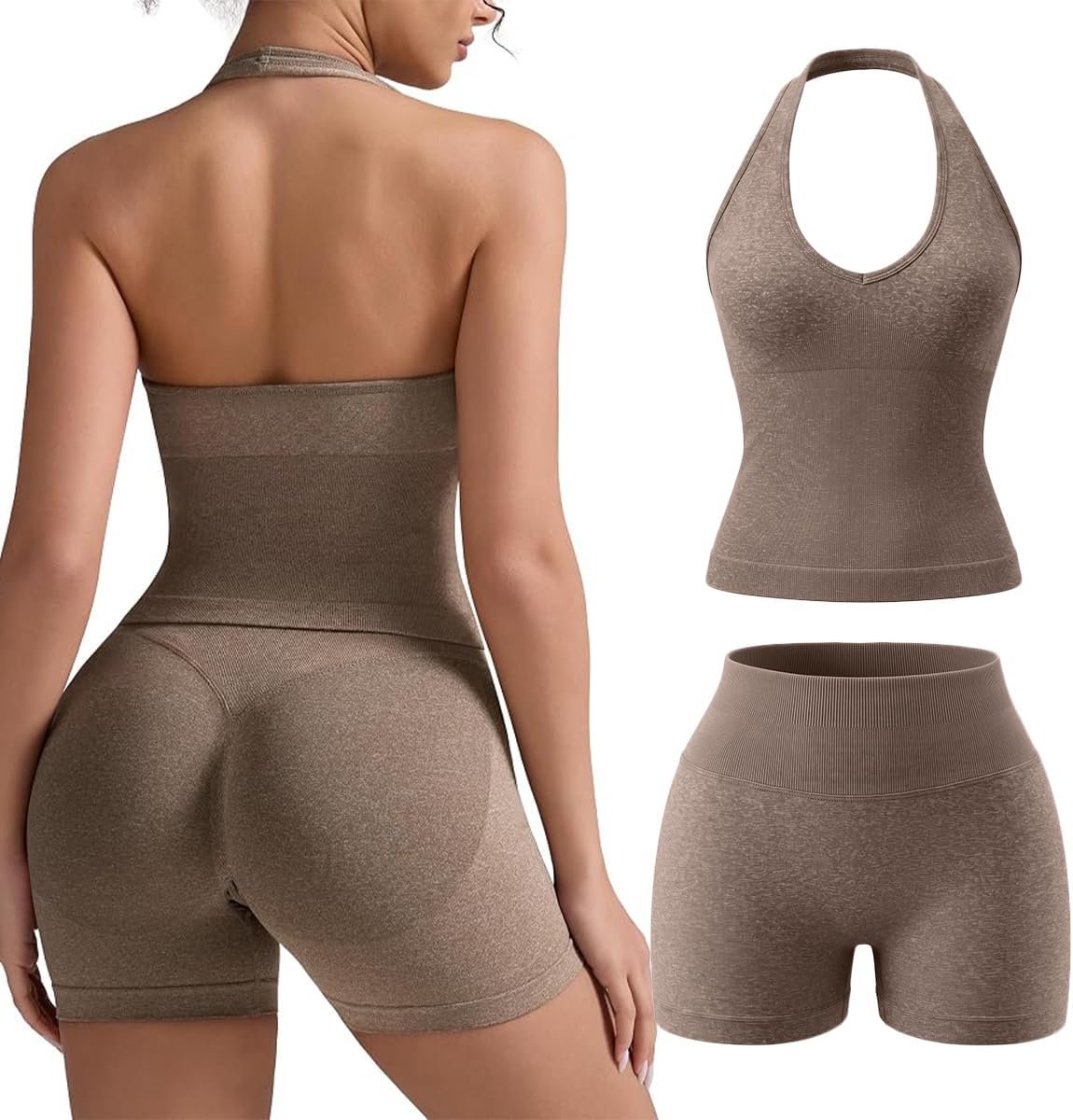 Workout Sets for Women 2 Piece Deep V Neck Halter Tank Top with Pads Matching High Waisted Scruch Butt Workout Shorts
