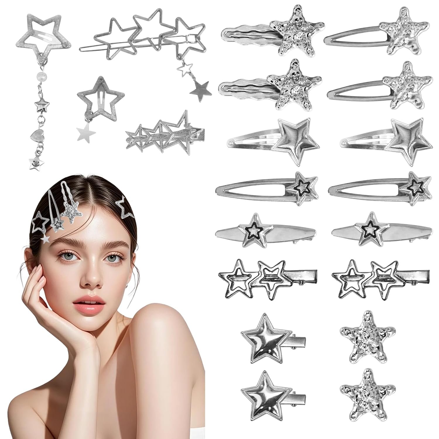 20 Pcs Y2K Star Hair Clips, Silver Metal Non-Slip Barrettes Hairpin | 90s Retro Y2K Hair Clips for Women Girls, Cute 2000s Hair Accessories Cool Hairpin Set for Party or Daily Wear