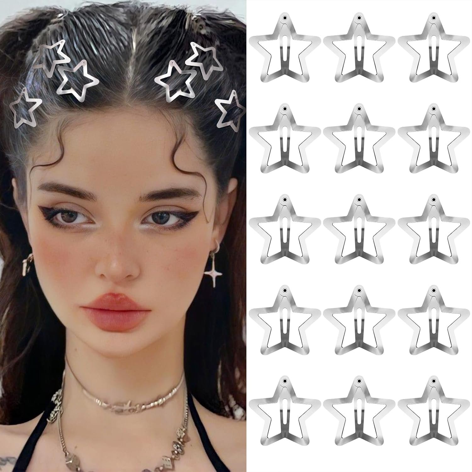 Star Hair Clips 2000s Y2K Snap Hair Barrettes Non Slip Star Hair Accessories Silver Metal Hair Clips for Girls Women -15 PCS 1.57″ | Snap Hair Barrettes Non Slip Star Metal Hair Clips for Girls Women