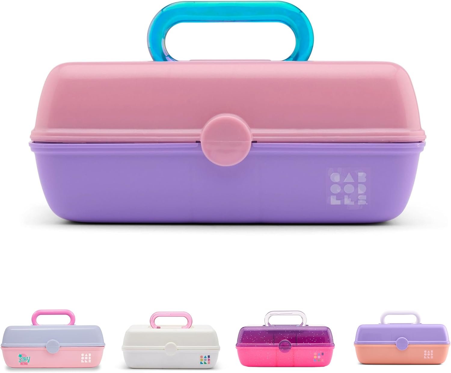 Caboodles Pretty in Petite Makeup Box, Two-Tone Pink on Lavender, Hard Plastic Organizer Box, 2 Swivel Trays, Fashion Mirror, Secure Latch for Safe Travel