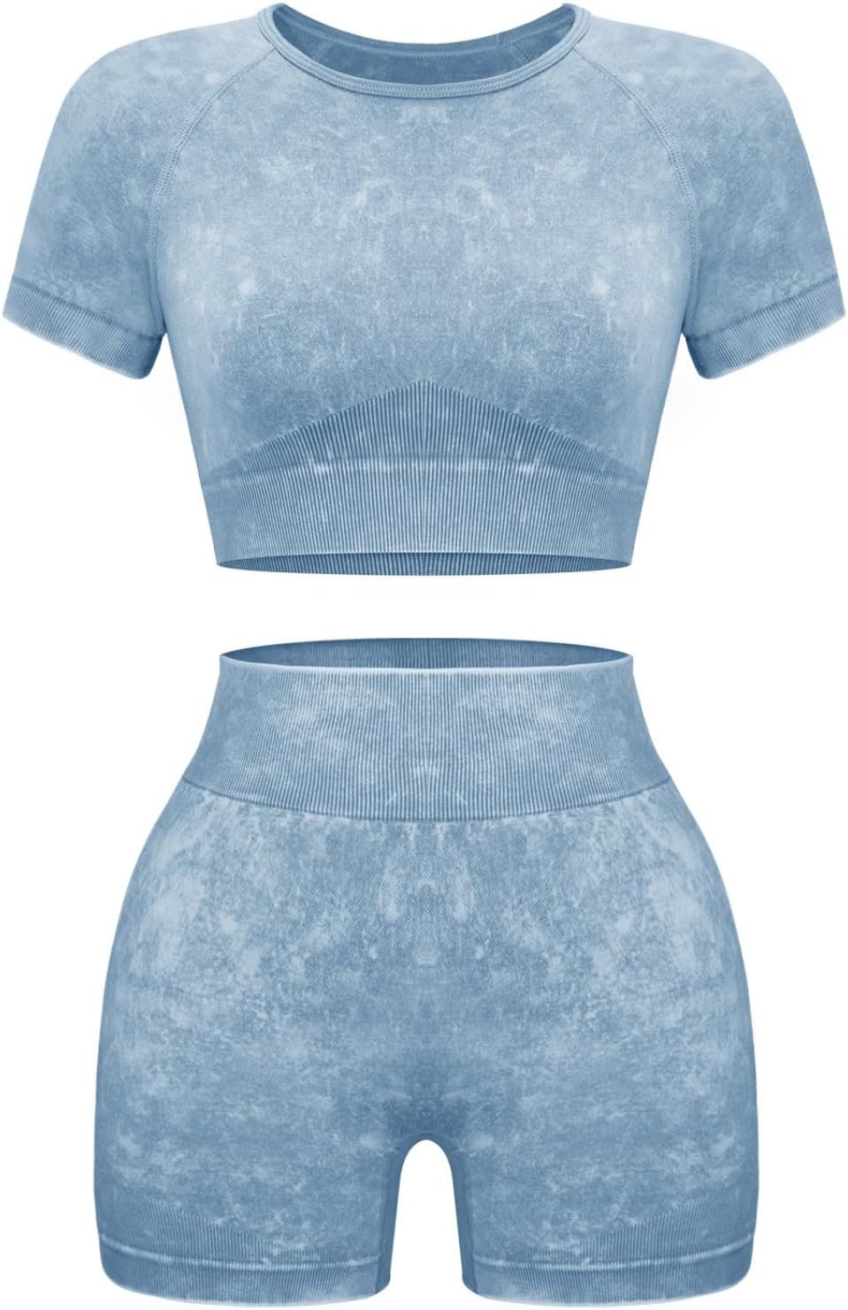 Womens Workout Sets 2 Piece – Seamless Acid Wash Yoga Outfits Shorts and Crop Top Matching Gym Athletic Clothing Set