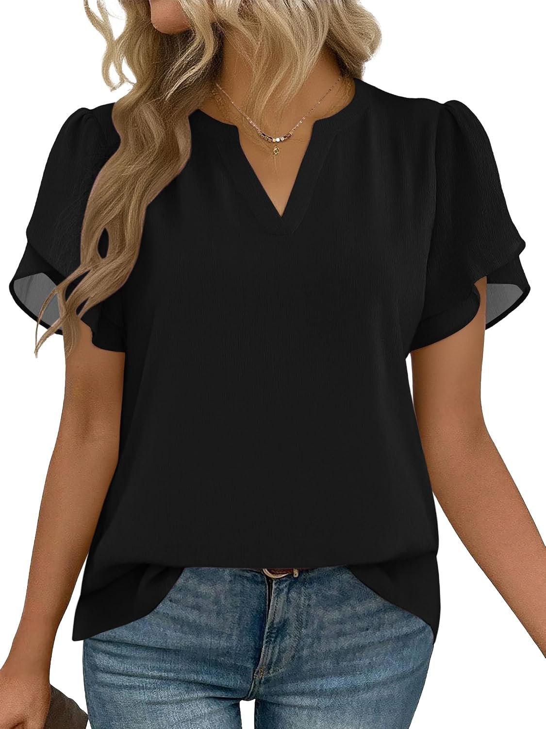 Zeagoo Womens Dressy Casual Chffon Shirts Short Sleeve V Neck Work Blouse | Flowy Business Casual Tops, Petal Sleeves, Double Layer, Office, Teacher, Interview Outfits for Spring, Summer