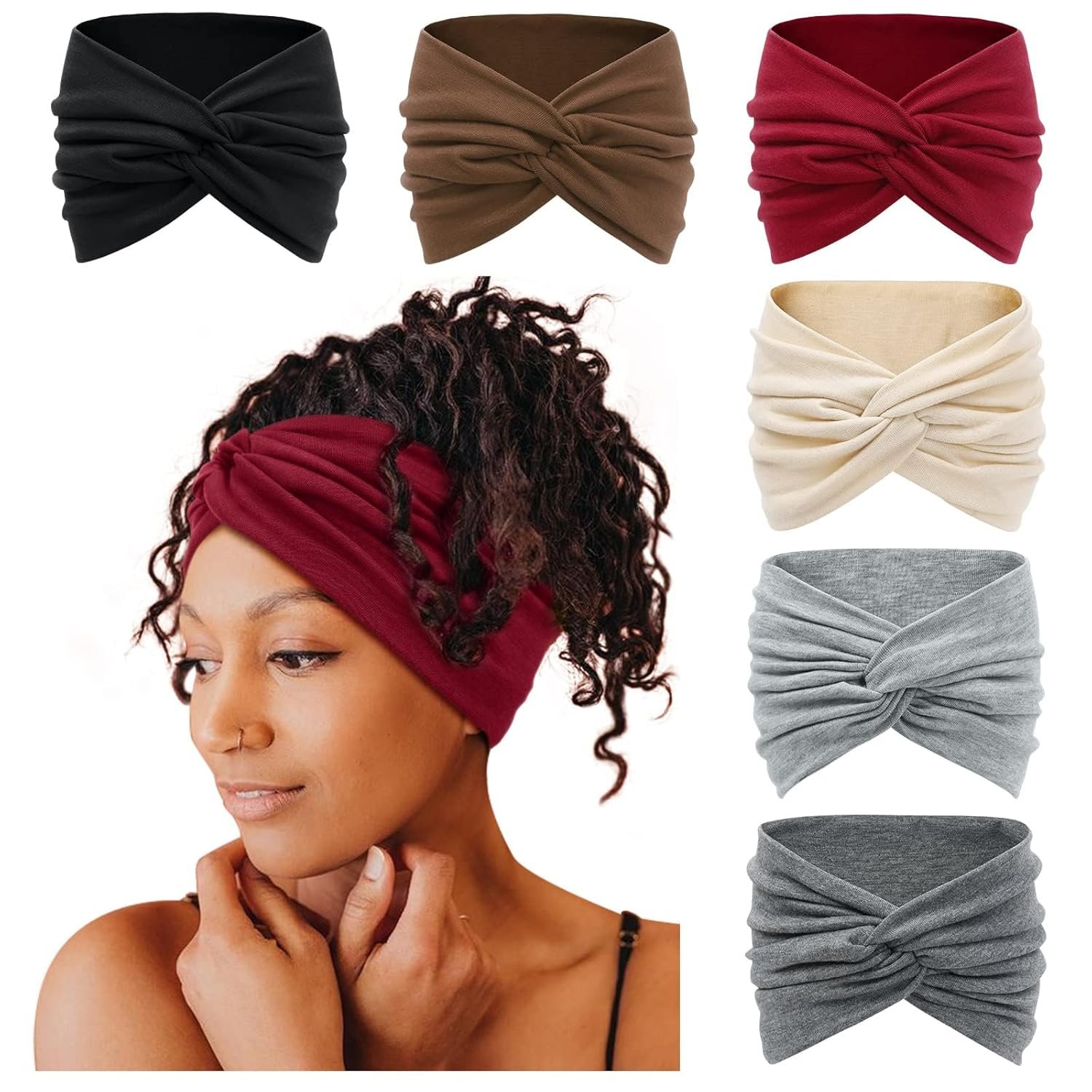 Tobeffect 7” Extra Wide Headbands for Women, Large Thick Turban Head Wrap Headband, Boho Bandana Head Bands for Women’s Hair, Non Slip Workout Yoga Hairband Hair Accessories, 6 Pack