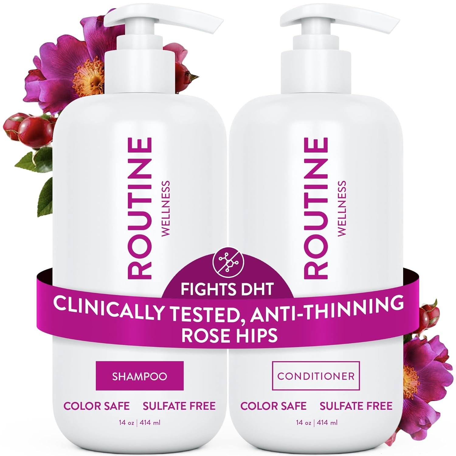 Routine Wellness Anti-Thinning Shampoo & Conditioner – Rose Hips | Clinically tested shampoo for thinning hair with biotin, pea peptides, saw palmetto oil, color safe, sulfate free