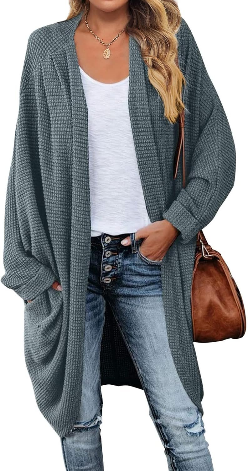 MEROKEETY Cardigan Sweaters for Women Oversized Long Cardigans Fall Outfits | Waffle Knit, Batwing Long Sleeve, Loose Fit, Open Front, Slouchy Casual Outwear, Cozy Sweater Coat, Winter Clothes