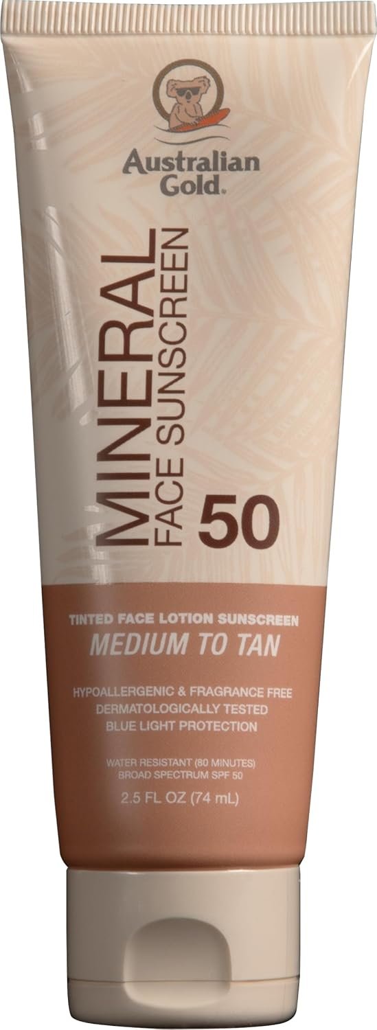 Australian Gold SPF 50 Tinted Mineral Face Sunscreen, Medium-Tan, 2.5 fl oz