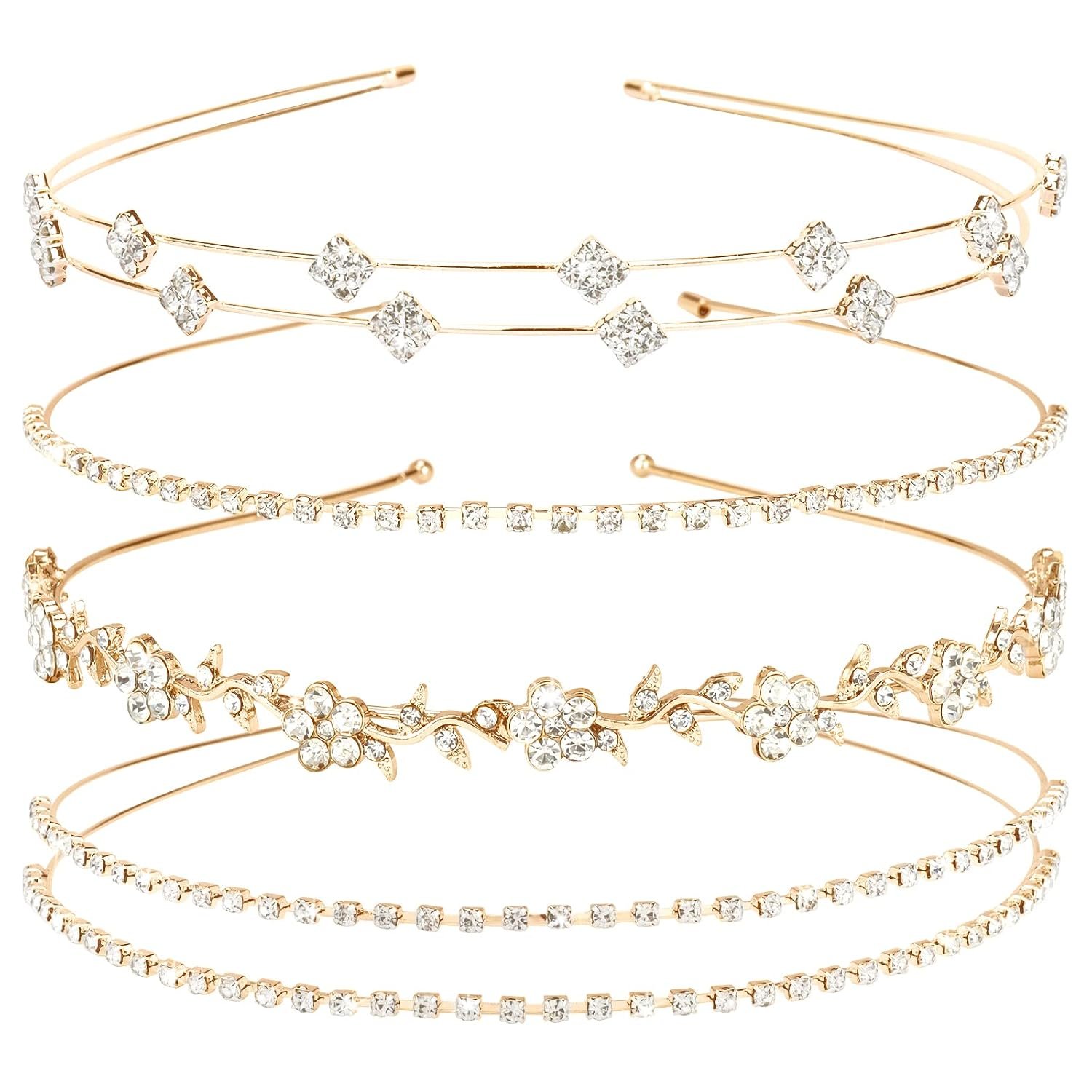 Jaciya Gold Bridal Headband Rhinestone Headbands Crystal Crown Head Band | 4 Pieces Flower Girl Leaves Tiara Headband Gold Metal Headpieces Sparkling Hair Accessories for Wedding Prom Birthday