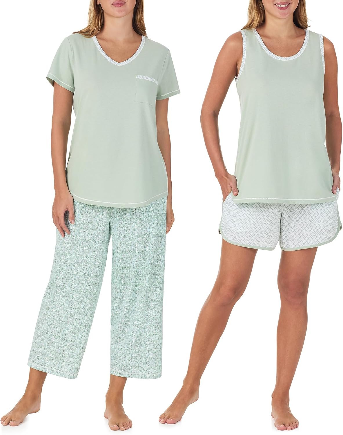 Carole Hochman Women’s 4-Piece 100% Cotton Pajama Set – V-Neck T-Shirt, Tank, Capri Pants & Shorts with Drawstring & Pockets