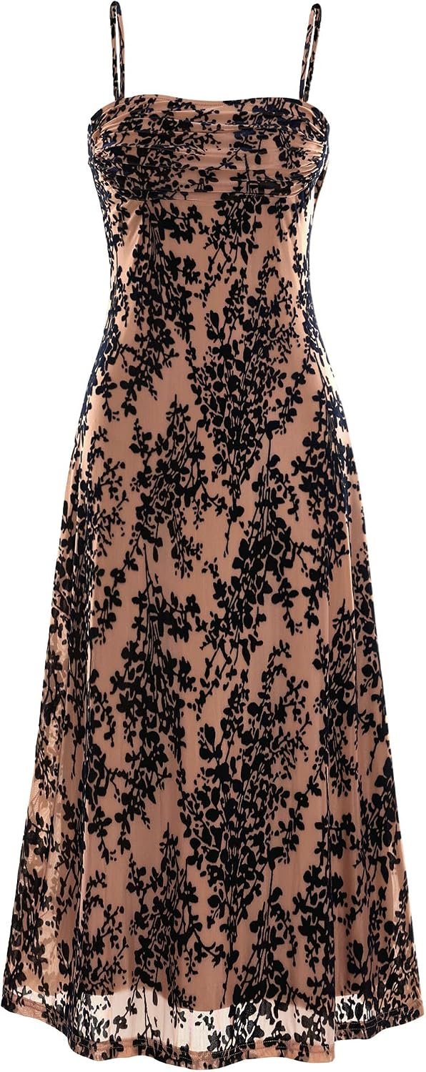 BTFBM Women’s Summer Dress Sleeveless Spaghetti Strap Midi Dress Sexy Cowl Neck Floral Cocktail Dress Party Dresses