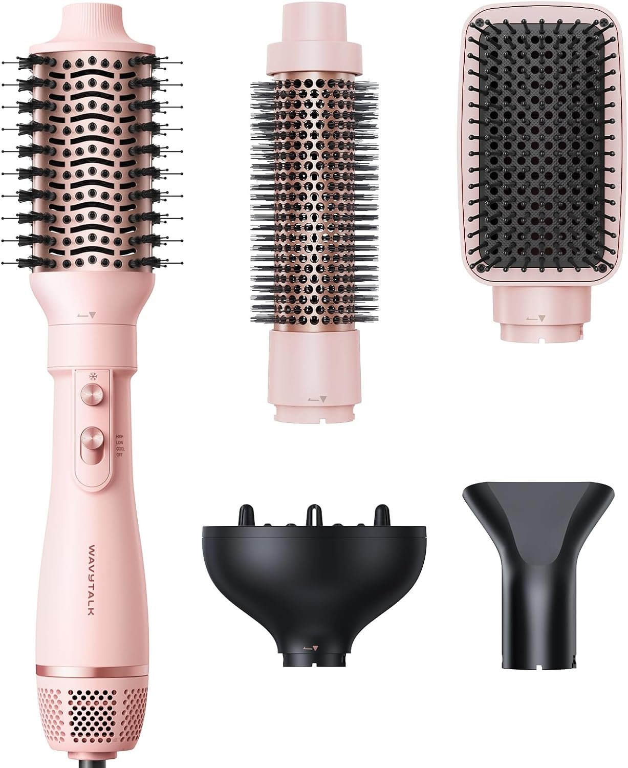 Blow Dryer Brush Set, Wavytalk Air Sculpt 5-in-1 Hot Air Brush Set | Multi Hair Styler for Salon Blowouts, Smooth Curls, Volumizing and Straightening, Sleek and Less Frizz, Pink