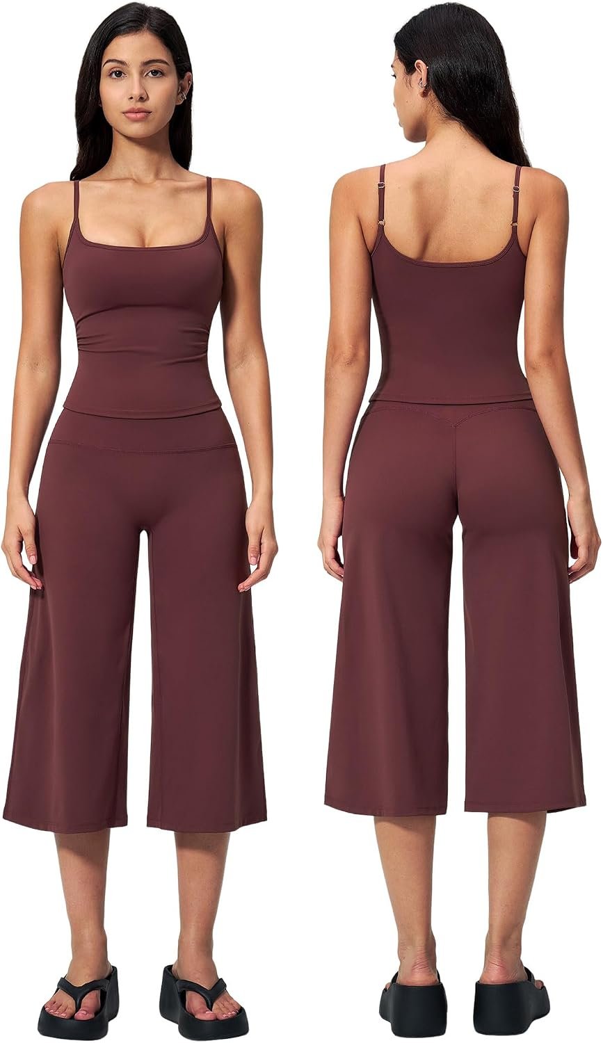 ABOCIW Workout Sets for Women Two Piece Halter Sports Bra Matching Wide Leg Capri Pants Gym Work Yoga Pilates Outfits