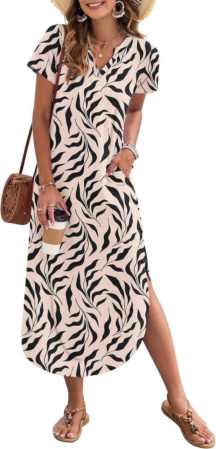 MISFAY Women’s Short Sleeves Summer Maxi Dresses with Pocket | Notched V-neck, Side Splits, Two Pockets, Swing Sundress Hem, Loose Shirt Dress Fit, Floor-length, Beach Vacation Outfits