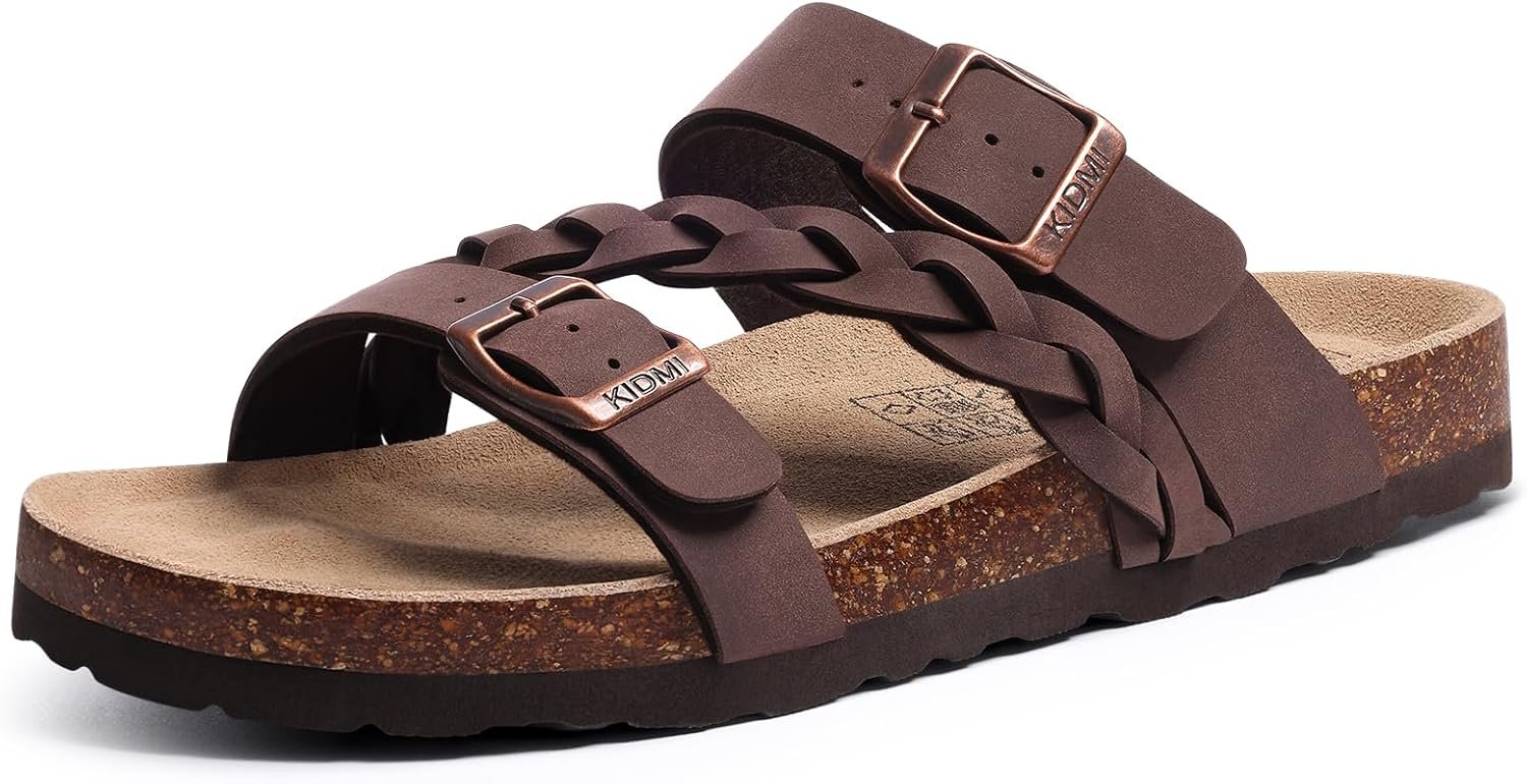 KIDMI Braided Cork Footbed Sandals for Women Slides with Arch Support | Adjustable Buckle Sandals, Comfortable Slip On Sandals for Walking, Beachside, Travel & Summer Casual Wear
