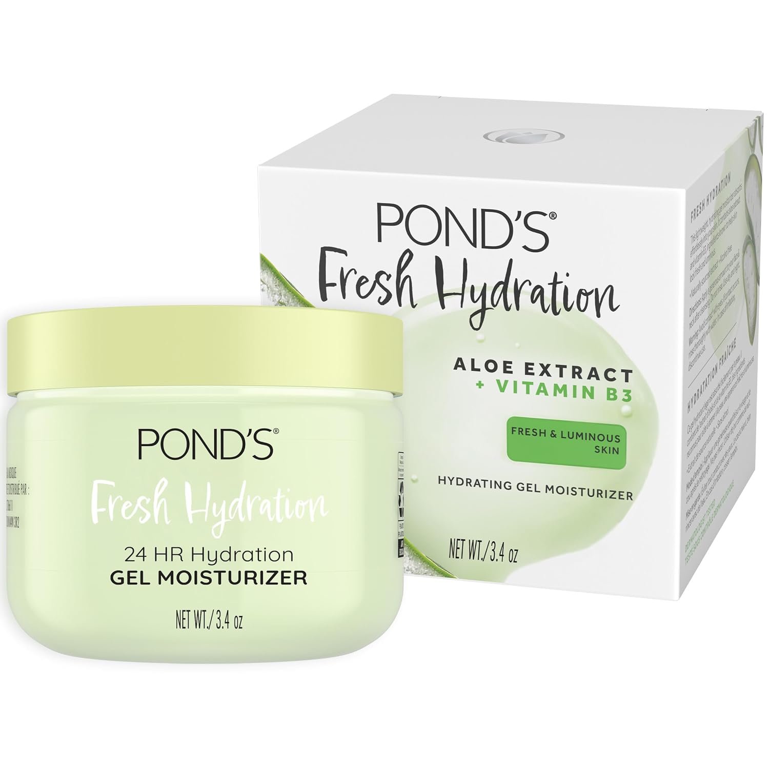 POND’S Fresh Hydration Gel Moisturizer, 24HR Hydrating Face Moisturizer with Aloe Vera Extract, Vitamin E & B3 Niacinamide, Alcohol-Free, Oil-Free, Dermatologist Tested, 3.4 oz