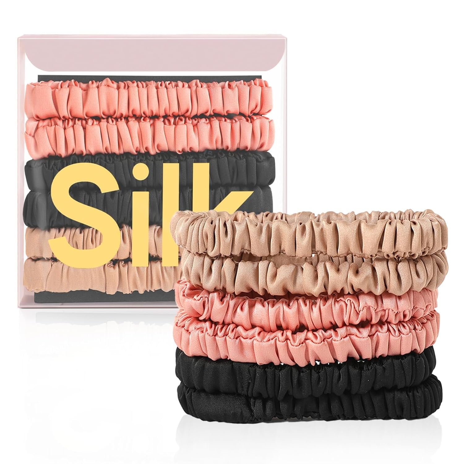6Pcs Silk Hair Ties 100% Pure Mulberry Silk Scrunchies for Women Girls | No Hair Crease, Anti Frizz, Gentle Hold, No Damage, Black Brown Pink