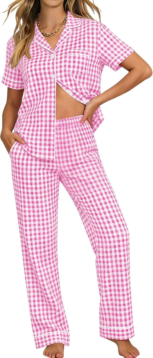 SWOMOG 100% Cotton Pajamas for Women Set 2PCS Button-Down Lounge Pjs Short Sleeve Tops and Long-Pants with Pocket