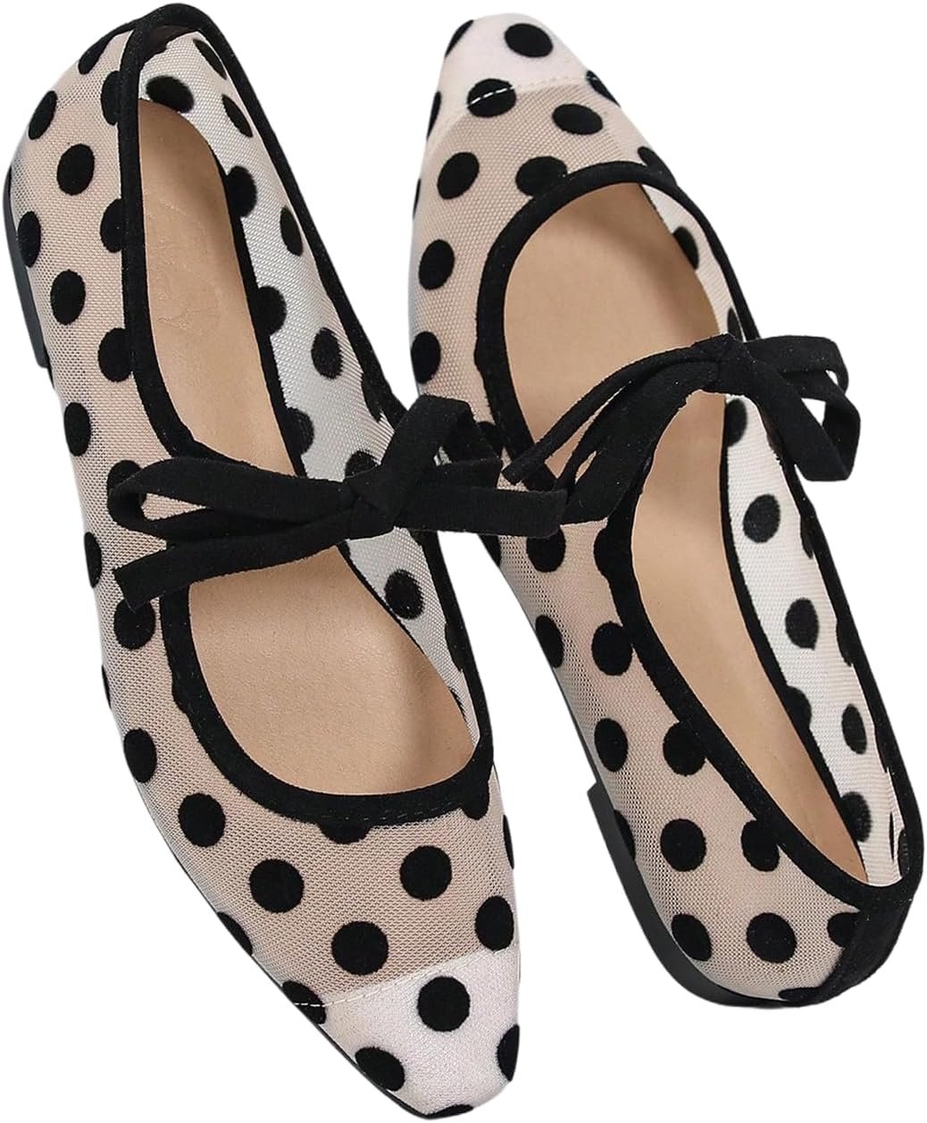 BEAUDRM Women’s Polka Dots Mesh Ballet Flats Cute Lace Ballerina Flats | Square Closed Toe Maryjane Flat Comfortable Dressy Casual Work Shoes