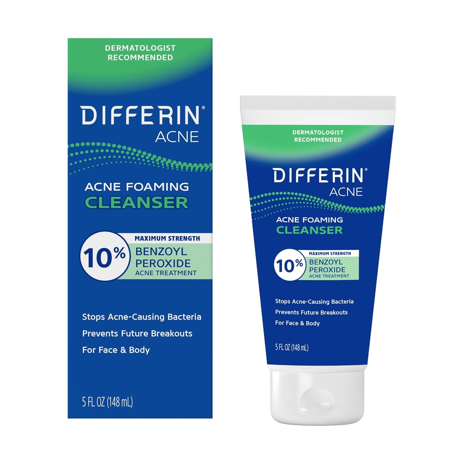 Differin Acne Face Wash with 10% Benzoyl Peroxide, Maximum Strength OTC Acne Foaming Cleanser, Fast Acting Acne Treatment for Face and Body, 5 oz. | Maximum Strength OTC Acne Treatment, Clears Face And Body Breakouts, Fast-Acting Foaming Cleanser, Dermatologist Brand