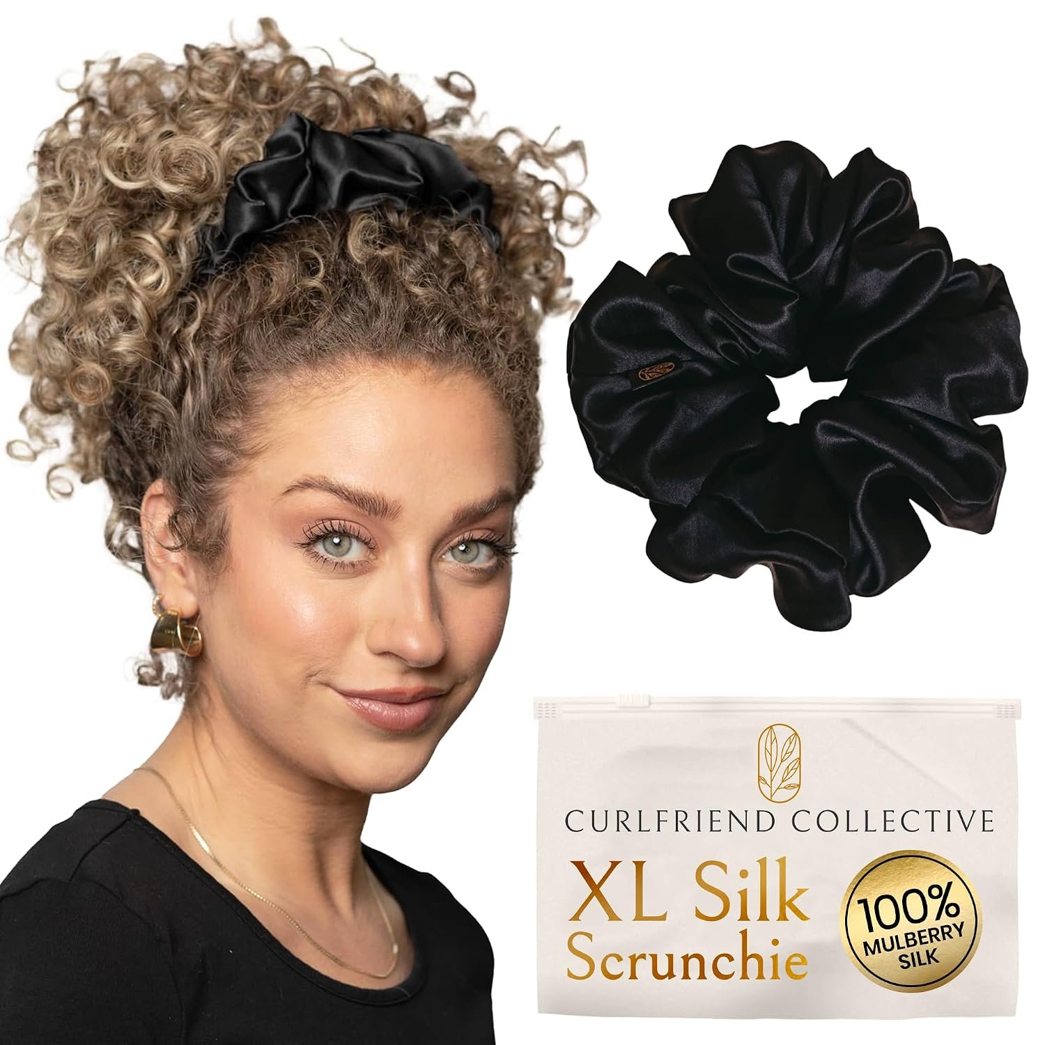 Curlfriend Oversized Mulberry Silk Scrunchies for Women, XL, Black | No Damage Ponytail Holders & Hair Ties for Curly, Thick & Thin Hair, Hair Accessories for Women