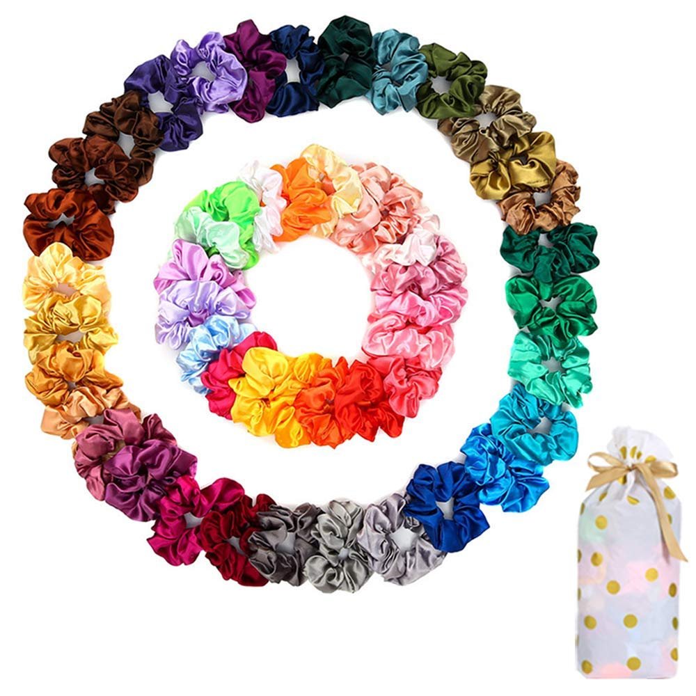 50 Satin Hair Scrunchies in Multiple Colors – Silk Accessories for Curly Hair, Teens and Girls – With Gift Bag