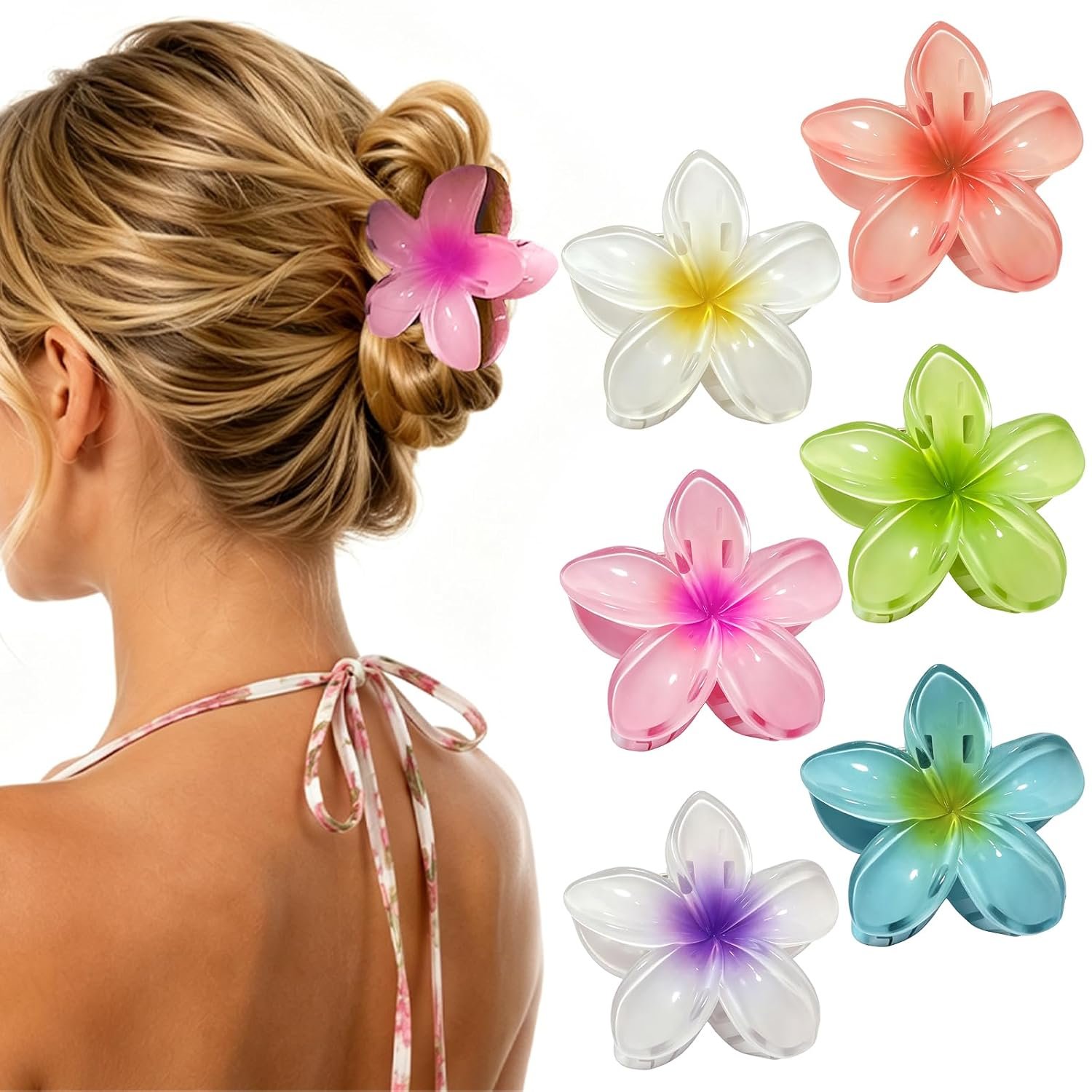 Hawaiian Flower Hair Clips – 6 Pack Colorful Claw Clips for Women & Girls, Large Aesthetic Hair Accessories for Thick or Thin Hair, Summer Beach Vacation Gift
