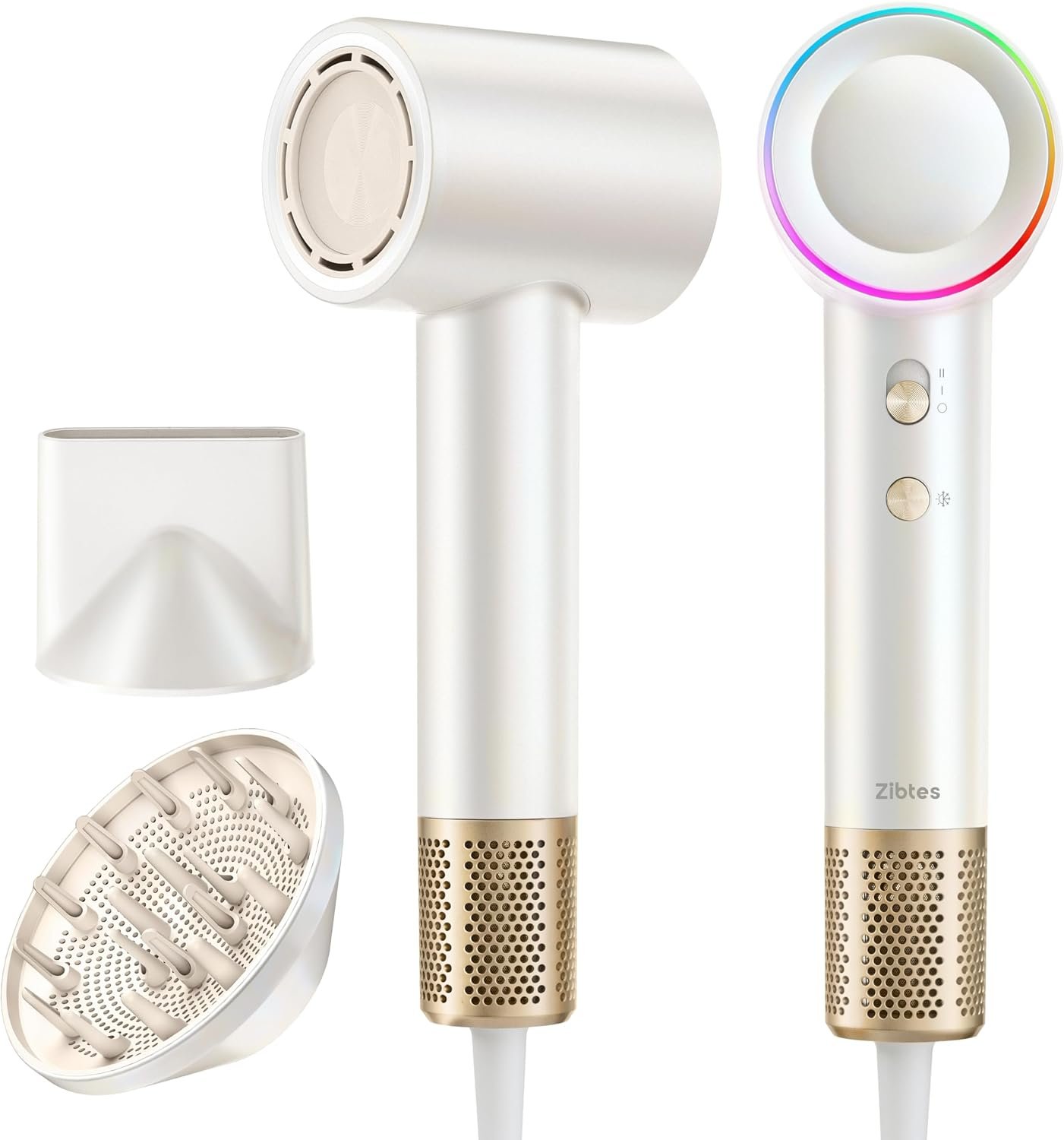 Zibtes High-Speed Hair Dryer with Diffuser, Ionic Blow Dryer (White) | 160000 RPM Fast Drying, 500M Ions Eliminate Frizz & Damage, Boost Shine, 2 Magnetic Attachments for All Hair Types, Low-Noise