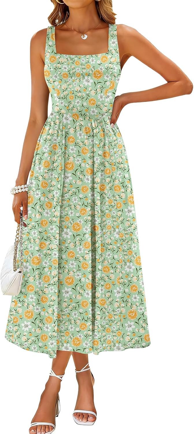 Sureple Midi Dresses for Women 2026 Spring Square Neck Tank Sleeveless A Line Casual Summer Sundresses with Pockets