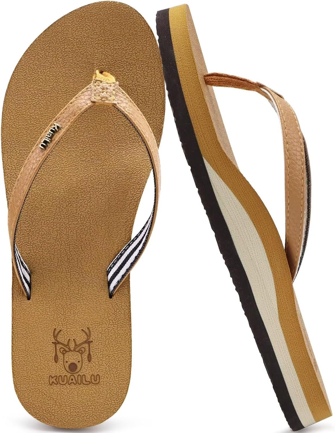 KuaiLu Flip Flops for Women with Arch Support Summer Beach Thong Sandals | Comfortable Yoga Mat Cushion Walking Shoes Slip on Casual Outfits Faux Leather Indoor Outdoor
