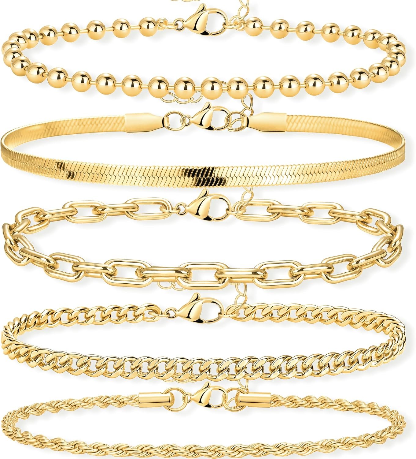 POXTEX 14K Gold Plated Bracelets for Women Waterproof, Non Tarnish Trendy Dainty Minimalist Stackable Jewelry Sets, Herringbone Cuban Paperclip Rope Bead Link Chain Stack Pack, Modern Fashion Accessories Gifts
