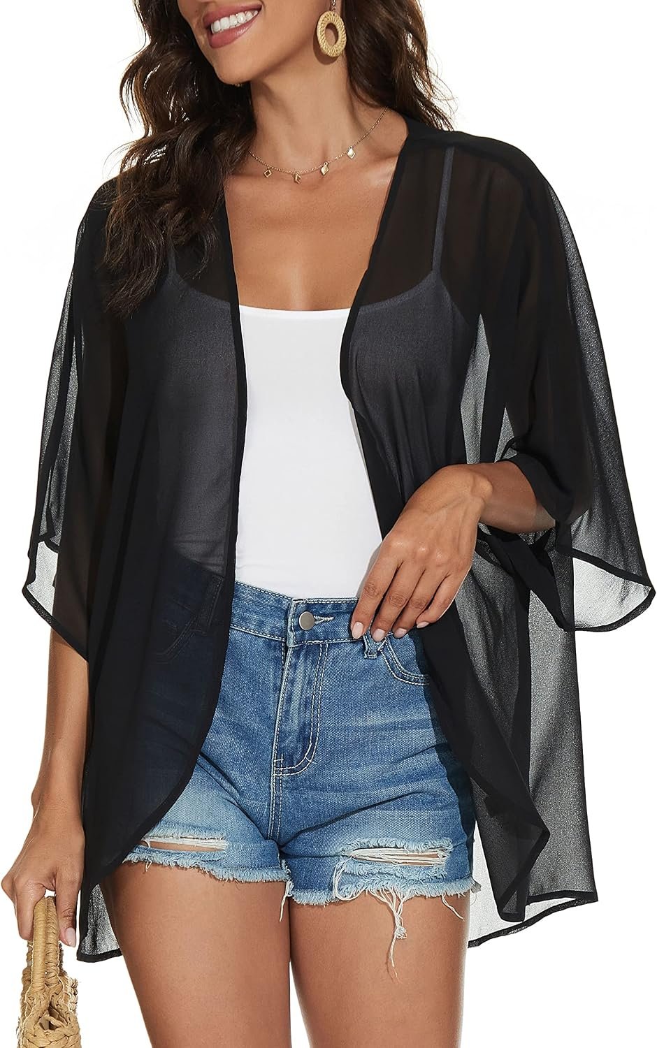 CHICGAL Womens Floral Kimono Cardigan Beach Cover Up Casual Summer Tops | 2026 Puff Sleeve Open Front Chiffon Outfit,Hawaiian Shirt,Beach Vacation Swimwear, Plus Top,Boho ladies Blouse,Cruise Resort